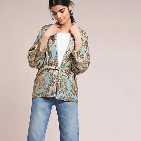 💛All that glitters …is gold … Anthro gold sequin kimono. Sz.MLNWT 🎄HolidayReady! - Picture 2 of 16